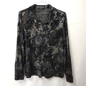 Vintage Elementz Top Black Colorful Velvet Burnout Button Up XL Floral Fairycore